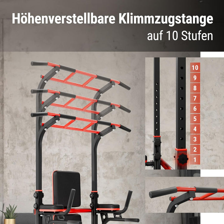 Hop-Sport Power Tower mit Klimmzugstange, Hantelbank &amp; Dip-Station, Fitnessgerät für Zuhause, Calist