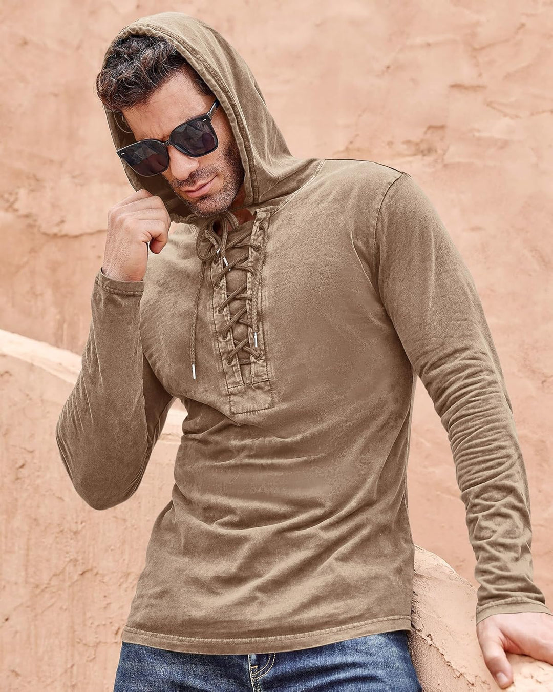 Beotyshow Herren Vintage Hoodie Langarm Shirt Männer Lace Up Hooded Langarmhemd Distressed Casual Ou