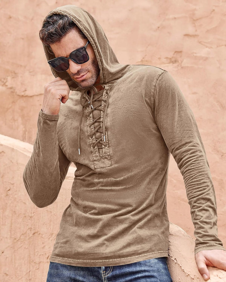 Beotyshow Herren Vintage Hoodie Langarm Shirt Männer Lace Up Hooded Langarmhemd Distressed Casual Ou