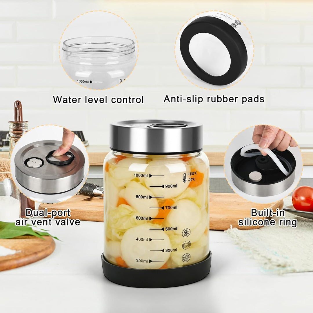 Fermentierglas mit Deckel 1L, Fermentationsglas mit Gärventi, Kimchi Behälter, Kefir Glas, Fermentie