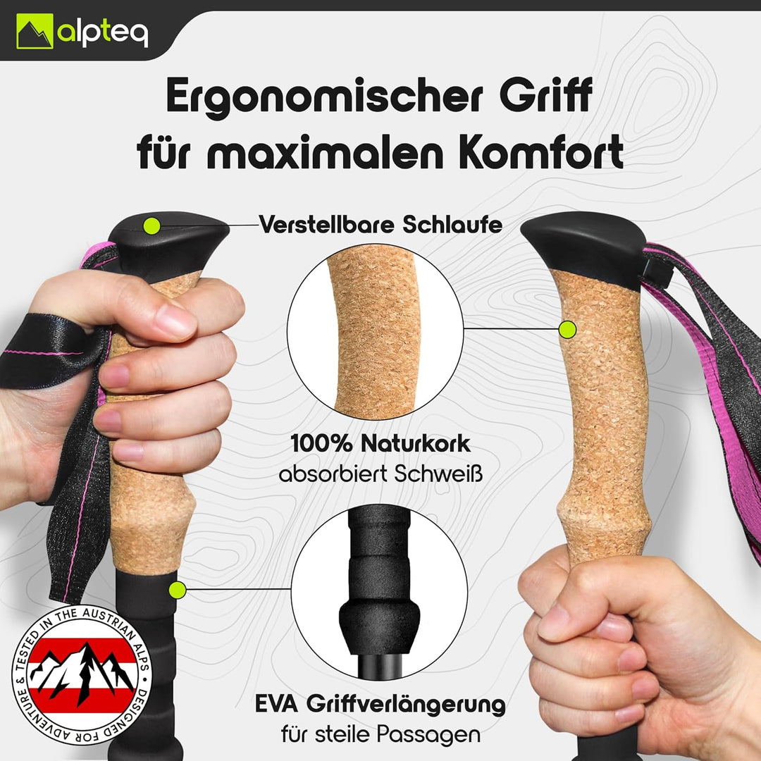 Alpteq® Wanderstöcke faltbar Carbon oder Aluminium mit Korkgriff | Bergsport Trekkingstöcke | Nordic