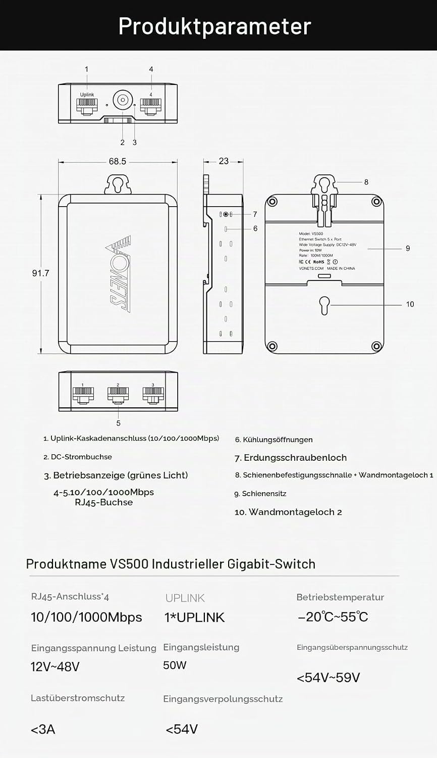 VONETS VS500 Industrie 5 Ports Gigabit Switch Ethernet RJ45 Splitter Extend LAN Netzwerk Port, 4 Por