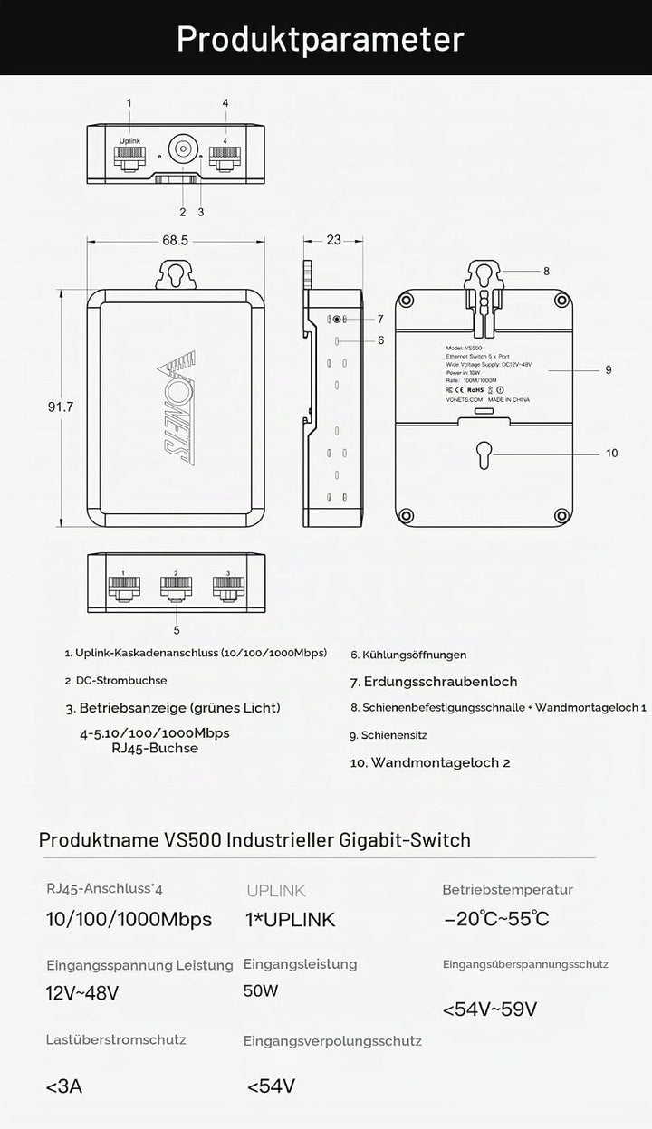 VONETS VS500 Industrie 5 Ports Gigabit Switch Ethernet RJ45 Splitter Extend LAN Netzwerk Port, 4 Por