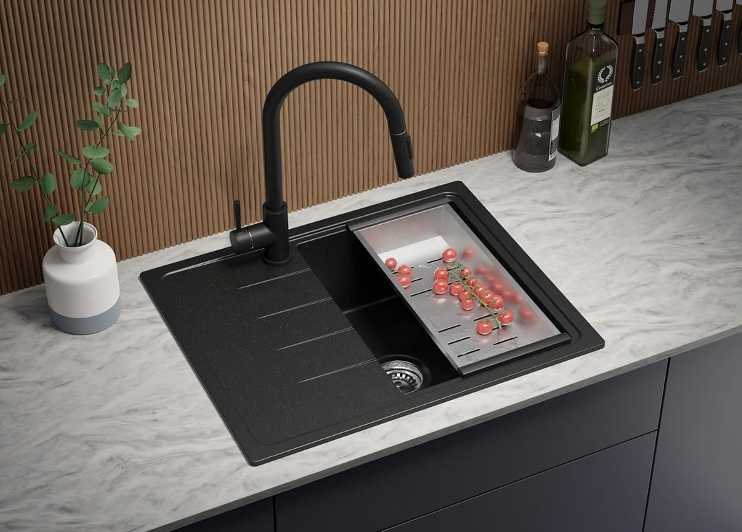 Granitspüle Schwarz 62x50 cm, Spülbecken + Ablauf-Set + Küchenarmatur 9050, Küchenspüle für 40er Unt