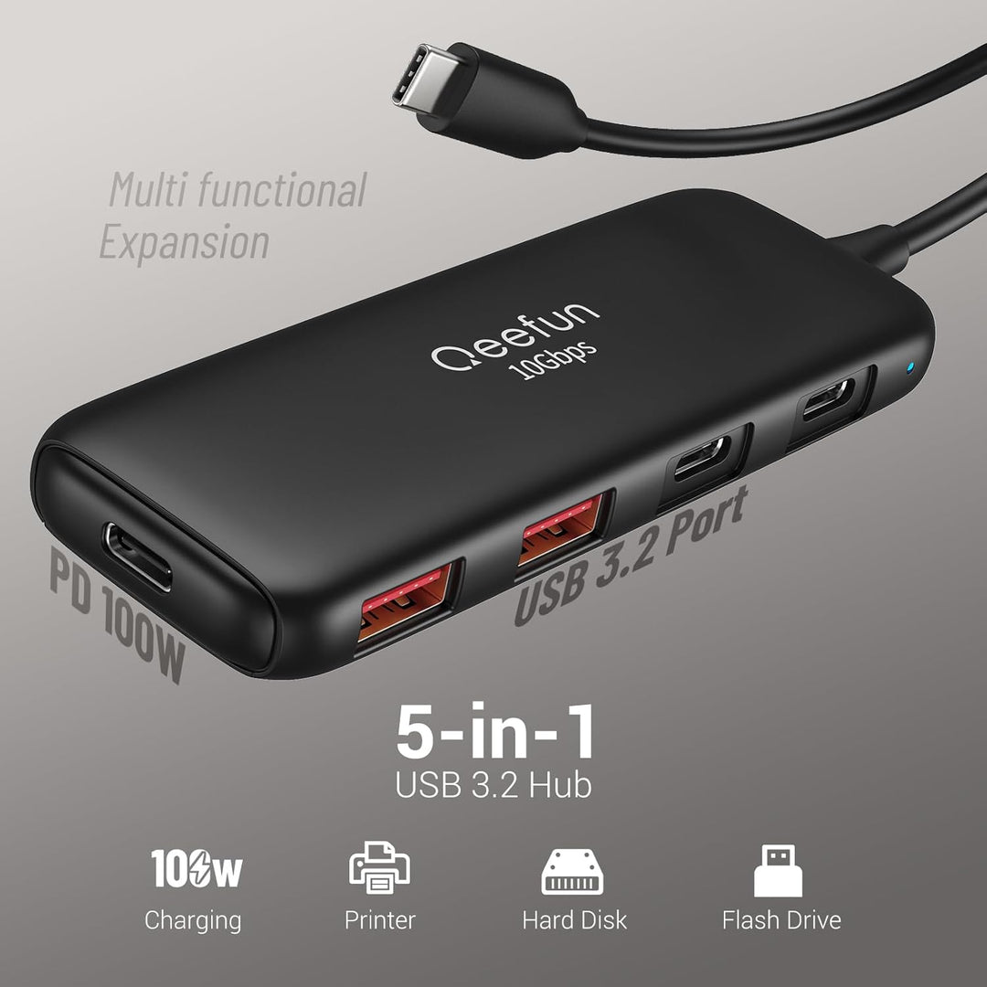 Qeefun 10Gbps USB C Hub, 3.2 USB Hub mit 2 USB-C und 2 USB-A, USB 3.2 GEN 2 Splitter mit 100W Power