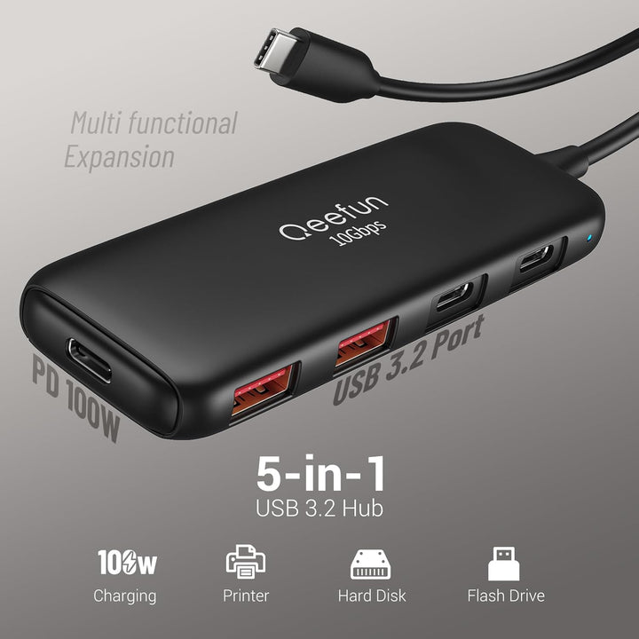 Qeefun 10Gbps USB C Hub, 3.2 USB Hub mit 2 USB-C und 2 USB-A, USB 3.2 GEN 2 Splitter mit 100W Power