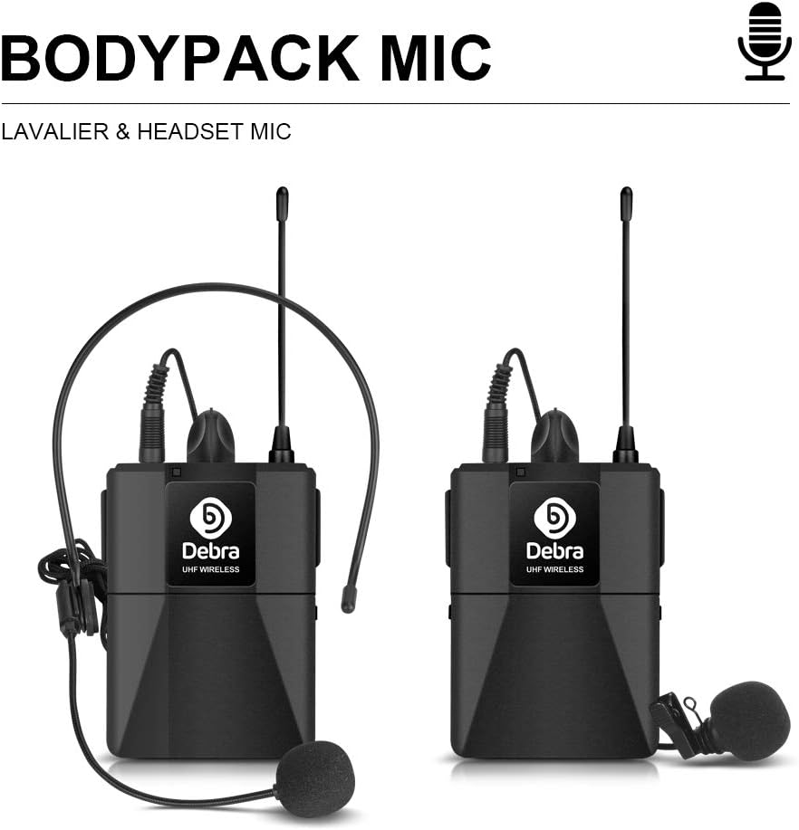 D Debra Audio AU400 Pro UHF 4-Kanal-Funkmikrofonsystem mit schnurlosem Lavalier-Headset-Mikrofon, Me