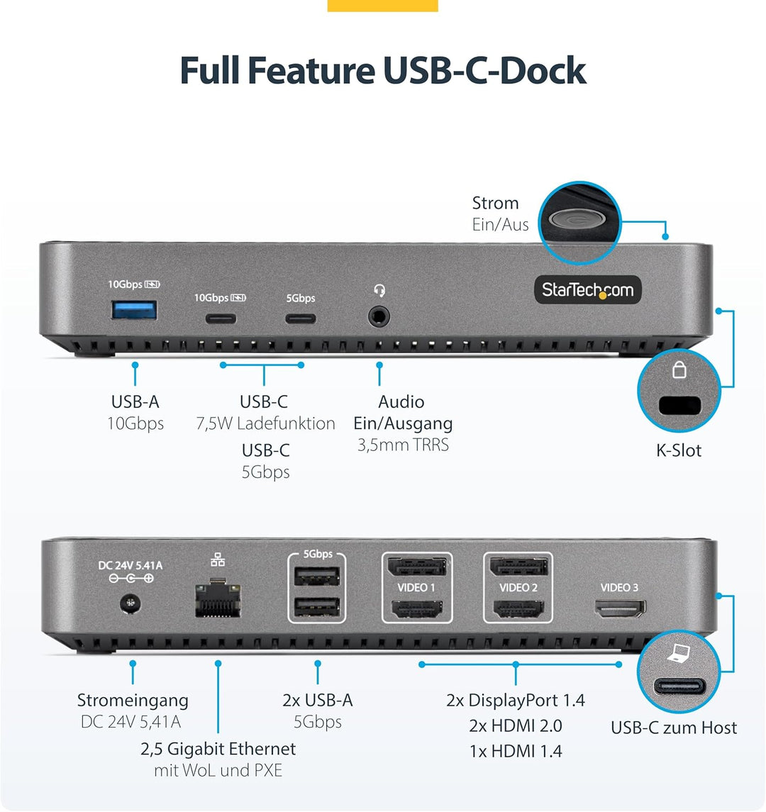 StarTech.com USB-C Dreifach Monitor Dockingstation - HDMI/DP Dreifach 4k USB C Dock - 5x USB Hub- Gb