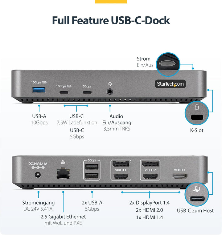 StarTech.com USB-C Dreifach Monitor Dockingstation - HDMI/DP Dreifach 4k USB C Dock - 5x USB Hub- Gb