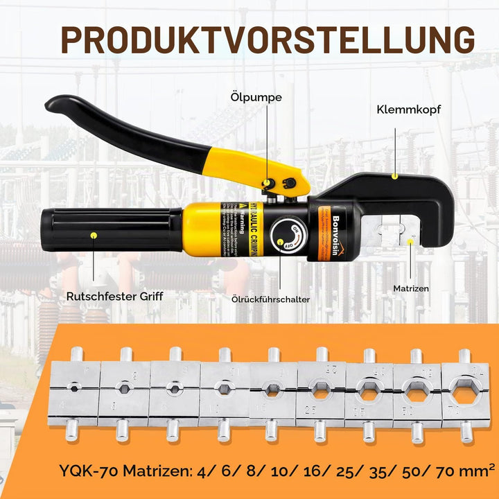 Bonvoisin Hydraulische Crimpzange, 8 Tonnen 9 Formen 4-70 m㎡ Stahl, für elektrische Kupfer- und Alum