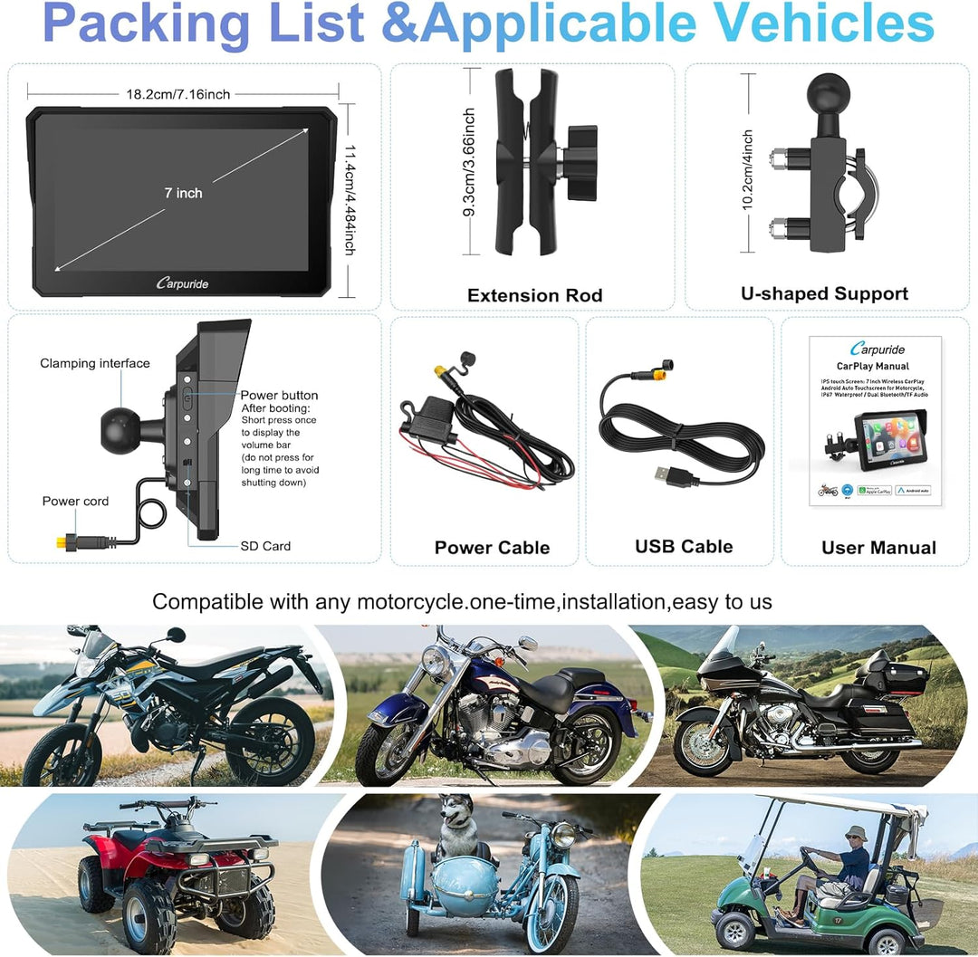 Carpuride W702 Motorrad GPS Carplay Bildschirm, Kabelloses CarPlay und Android Auto, Tragbarer 7 Zol