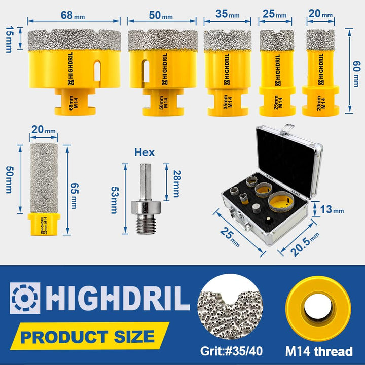 HIGHDRIL Diamantbohrer Fliesenbohrer Set - 20/25/35/50/68MM Diamant-Bohrkrone Lochsäge mit 20MM Fing