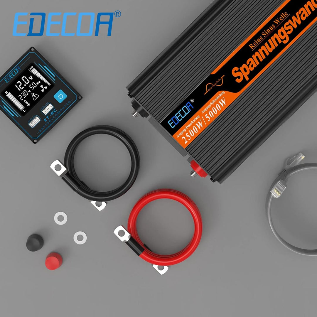 EDECOA Wechselrichter 2500w Reiner Sinus Spannungswandler 12v 230v LCD 2X USB und Fernbedienung wand