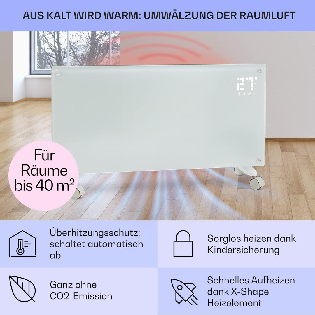 Klarstein Elektroheizung, Konvektor-Heizung mit Bodenrollen, Mobile Elektroheizung Energiesparend, L