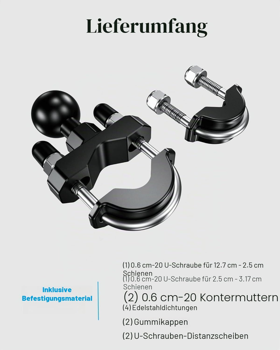 BRCOVAN Lenker U-Bolzen Montagebasis mit 1 Zoll TPU Kugel für Schienendurchmesser 0,5'' bis 1,25'' K