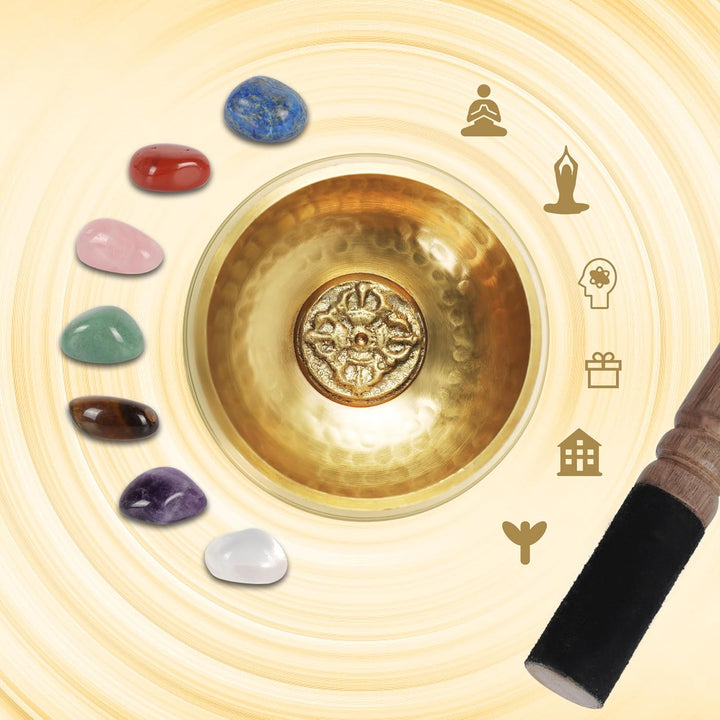 Traditionelle Klangschale 8cm mit 7 Chakra Kristallen, Handgefertigt in Nepal für Meditation und Yog