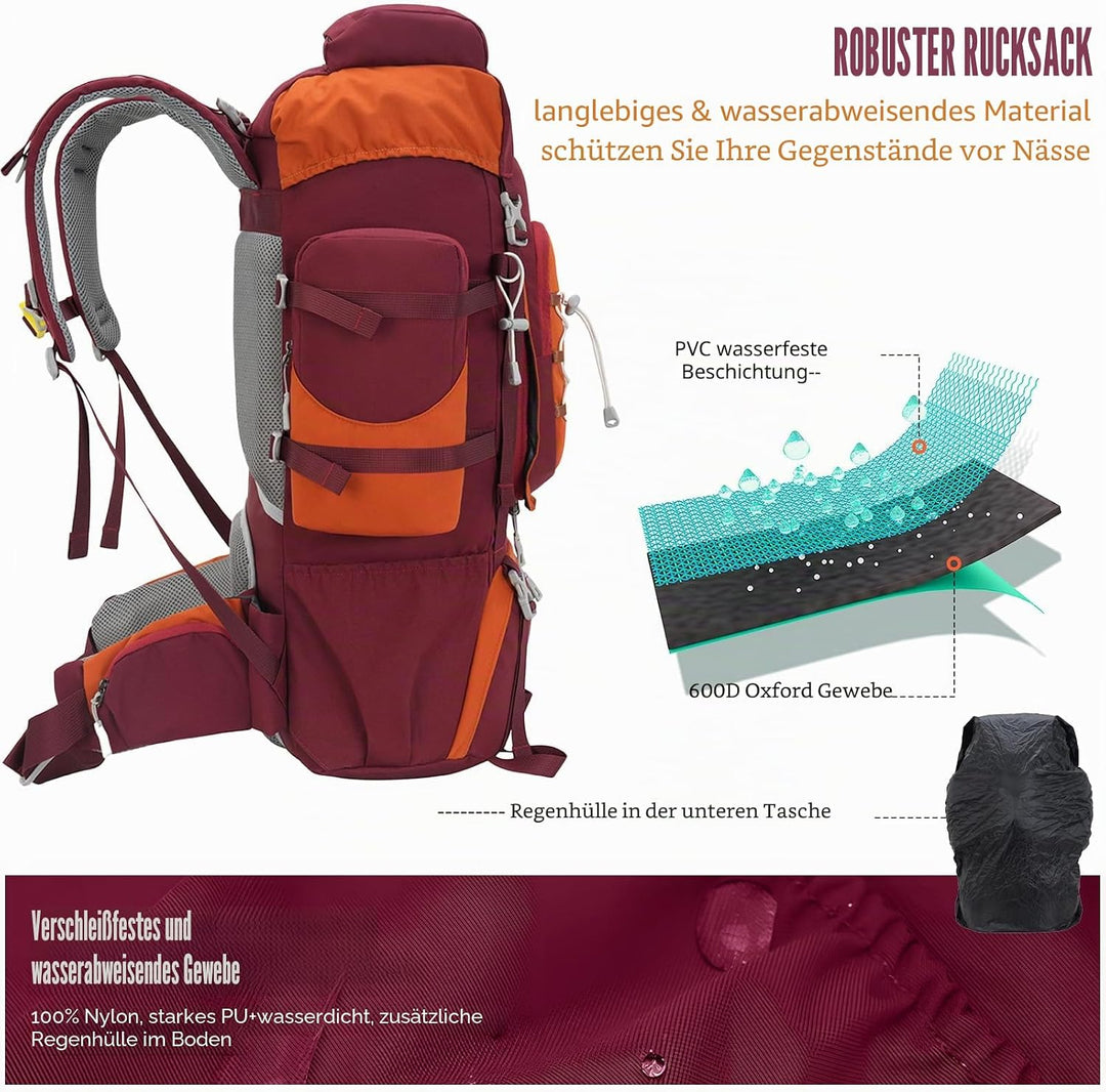 Bseash 70L (65+5) Wasserdichter Wanderrucksack mit Regenschutz, Outdoor-Sport, Reisen, Tagesrucksack