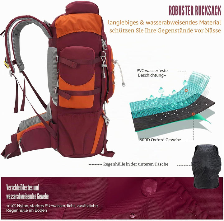 Bseash 70L (65+5) Wasserdichter Wanderrucksack mit Regenschutz, Outdoor-Sport, Reisen, Tagesrucksack