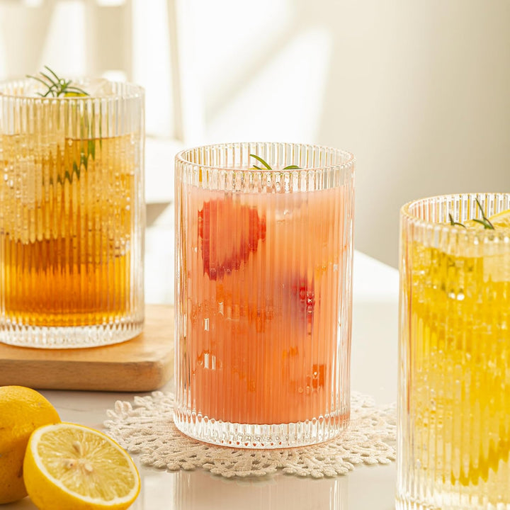 POLIDREAM Geriffelte Gläser 6er Set, 500ML Longdrinkgläser Set, Origami-Stil Glasbecher, Glasses Set