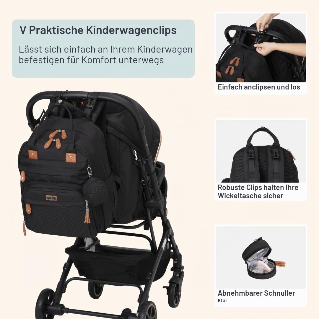BabbleRoo Wickeltasche Rucksack – Grosse Kapazität, 17 Taschen, Wasserabweisend – mit Wickelauflage,