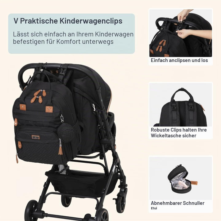 BabbleRoo Wickeltasche Rucksack – Grosse Kapazität, 17 Taschen, Wasserabweisend – mit Wickelauflage,