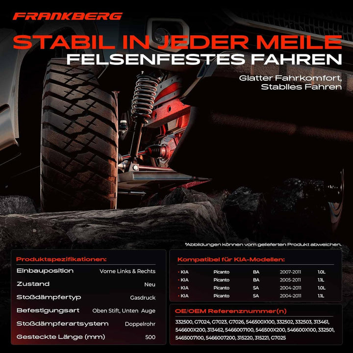 Frankberg 2x Stossdämpfer Vorne Links Rechts Kompatibel mit Picanto SA 1.0L 1.1L Schrägheck 2004-201