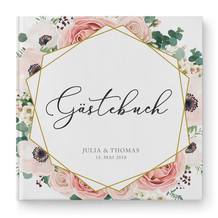 DeinWeddingshop Gästebuch Hochzeit - personalisiert - Hochzeitsgästebuch, Hardcover 21x21 cm (Inhalt