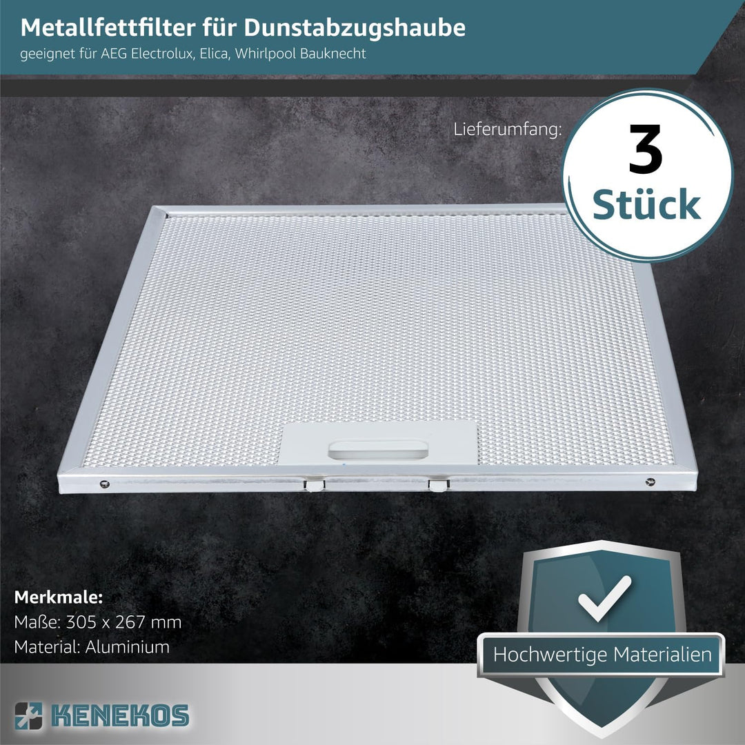 Kenekos - 3x Metallfettfilter für Dunstabzugshaube 305mm x 267mm geeignet für AEG 405525042-9 405525