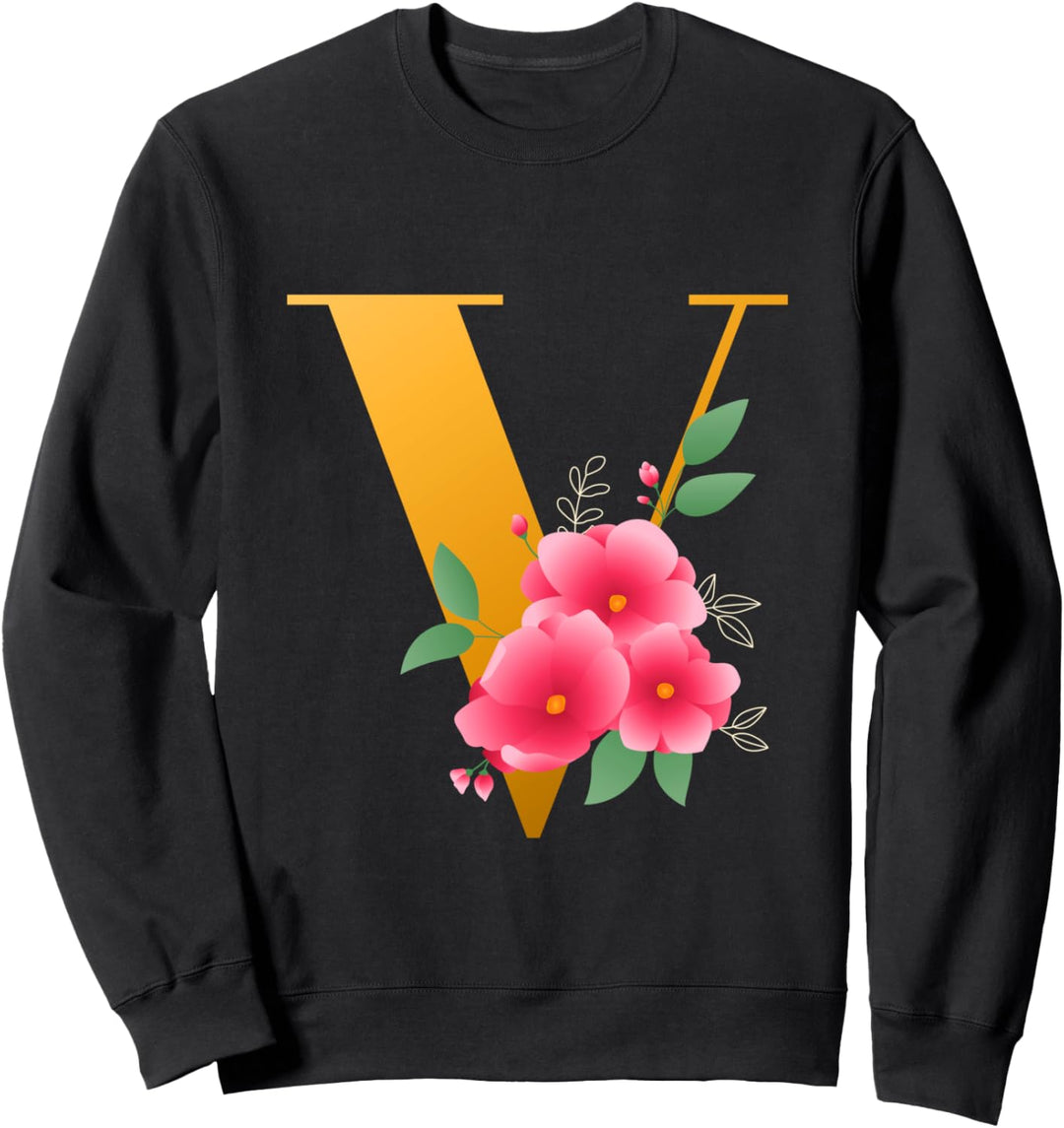 Floral V Alphabet Cute Initial Monogram Letter V Graphic Sweatshirt