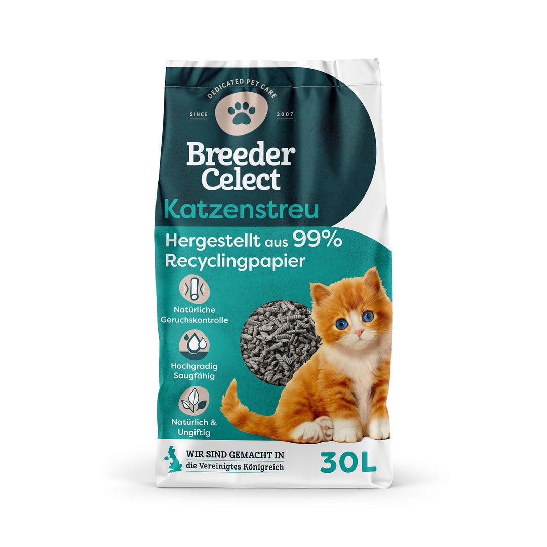 Breeder Celect Natürliches Katzenstreu (30L) - 99% Recyclingpapier, Saugfähige Katzenstreu Pellets,
