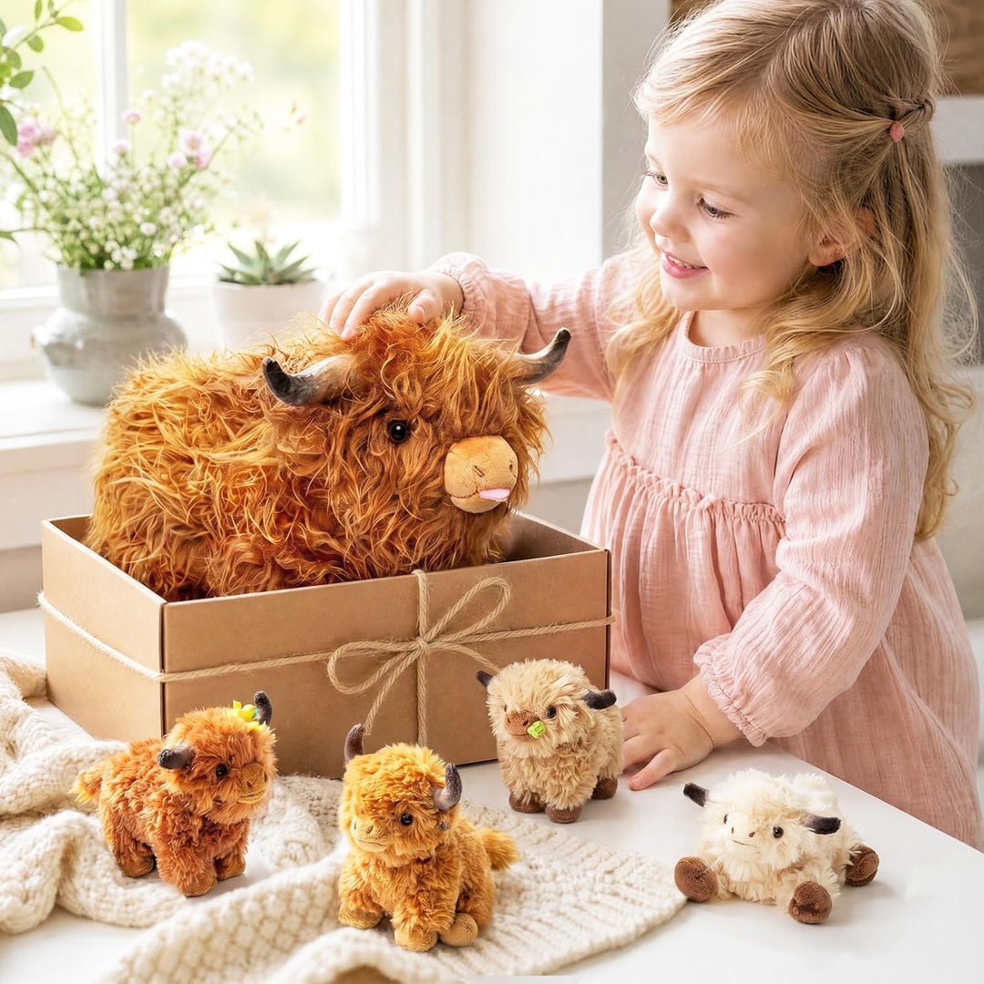 OUOZZZ 5 Stück Hochlandrind Kuscheltier Set, Weich Hochlandrind Plüschtier mit 4 Baby Hochlandrind S