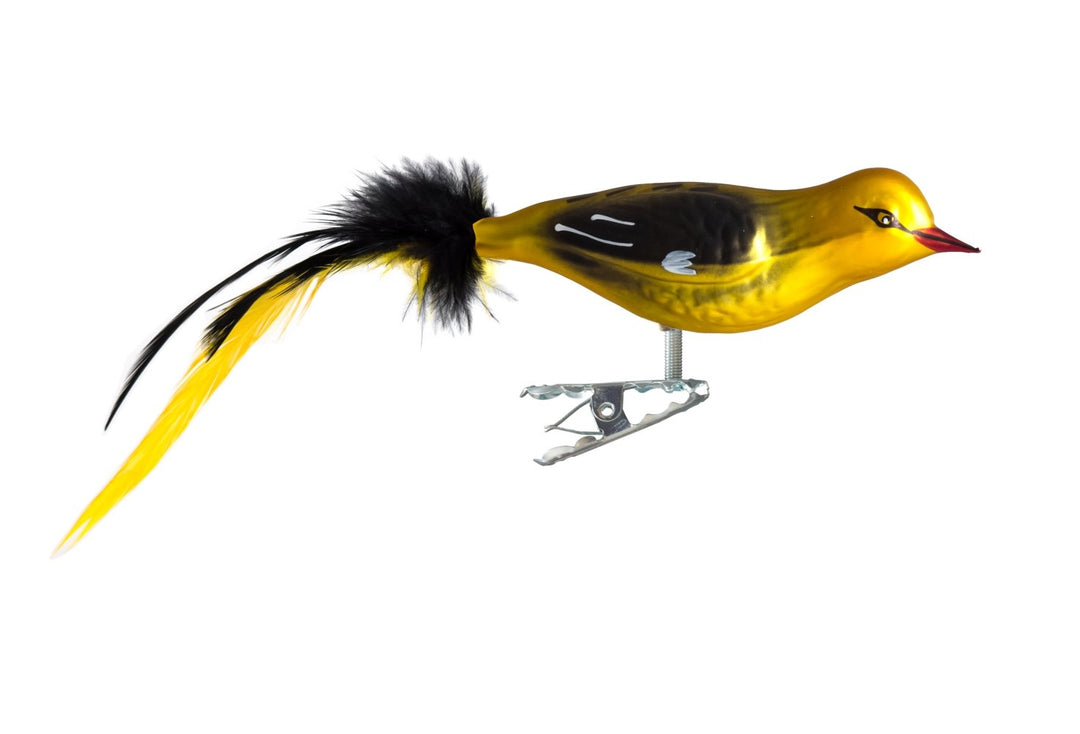 Glas-Vogel, Pirol mit Naturfeder | Glasschmuck Made in Germany aus eigener Herstellung | deko Vogel