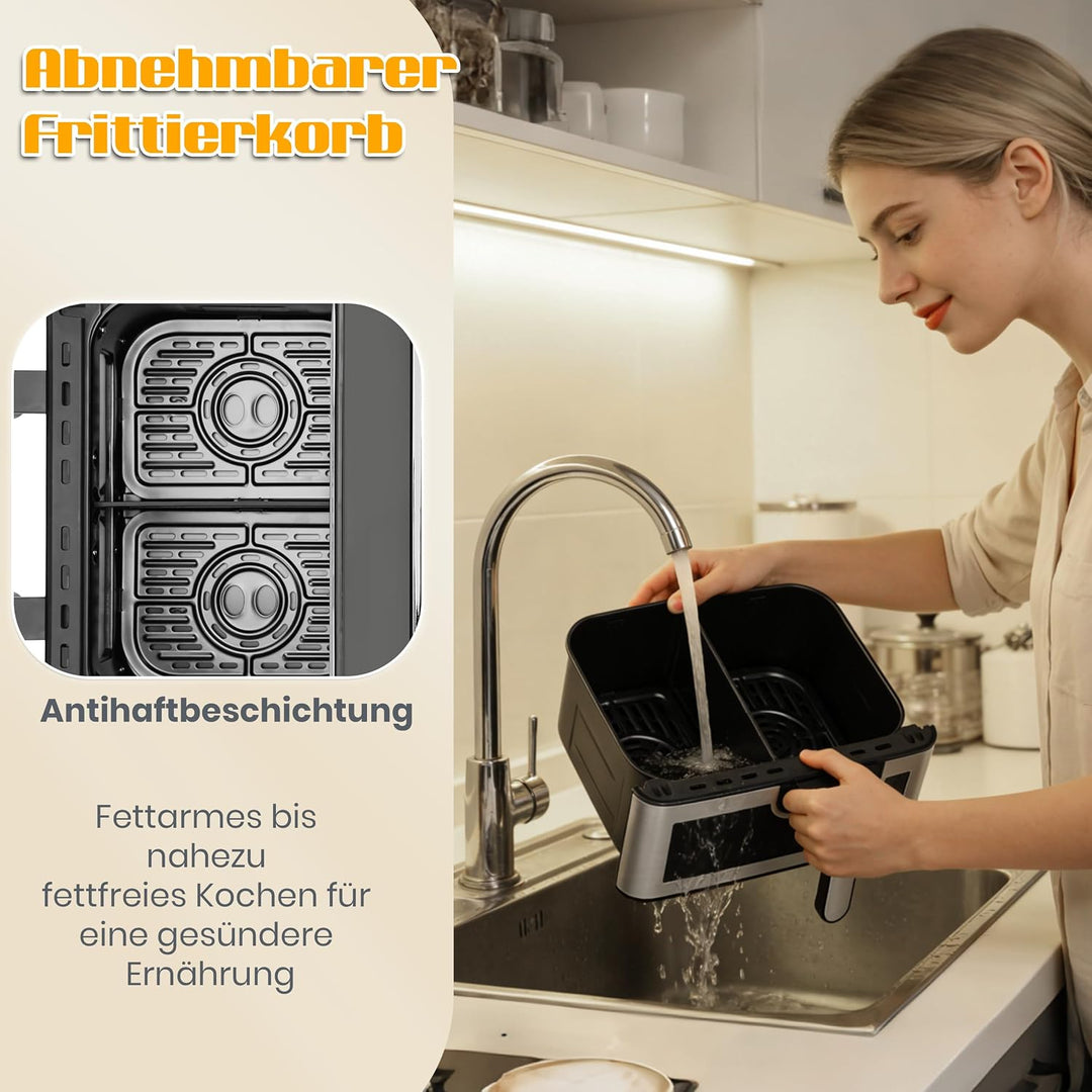 2000W Heissluftfritteuse mit 2 Kammern, 8.5 L Airfryer, 10 Programme, Touch-Bedienung, Air Fryer mit