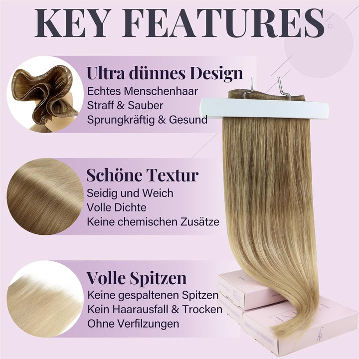 Fshine Echthaar Extensions zum Einnähen 35cm Dünn Genie Tressen Echthaar Mehr Komfort 50g Balayage S