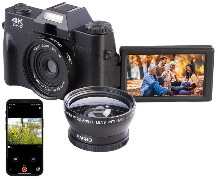 Somikon Digitalcamera: 4K-UHD-Digitalkamera mit 3"-Flip-HD-Display, Makrolinse und WLAN (Digitalkame