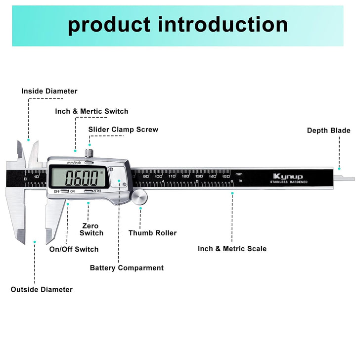Kynup Digital Messschieber, 150 mm Schieblehre Digital Edelstahl, Elektronik Digitaler Messschieber