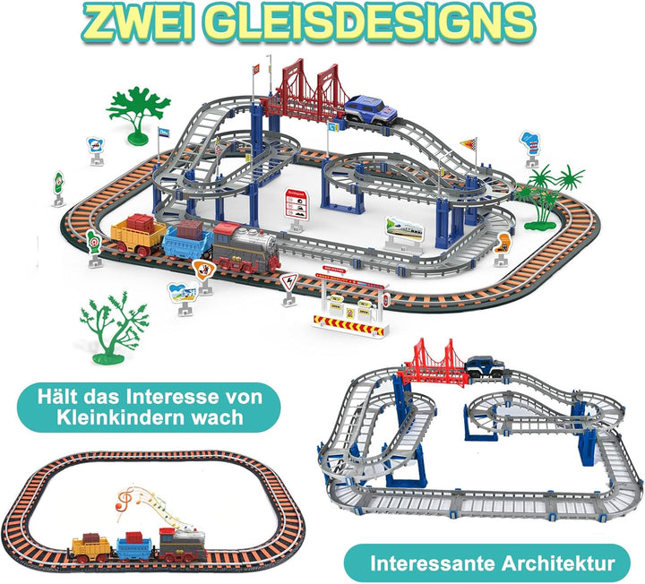 Kinder Eisenbahnschiene Zug Spielzeug Set, Autorennbahn Spielzeug mit Zug&Autobahnautos, für Kinder