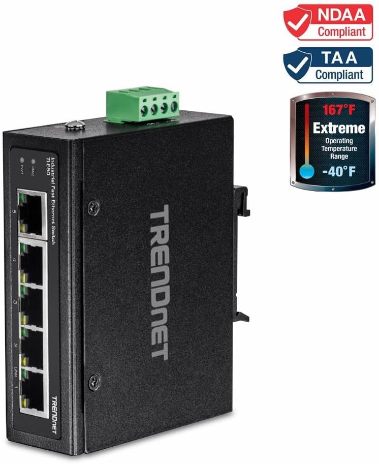 TRENDnet TI-E50 Industrieller nicht verwalteter 5-Port-Fast-Ethernet-DIN-Schienen-Switch, 5 x Fast-E