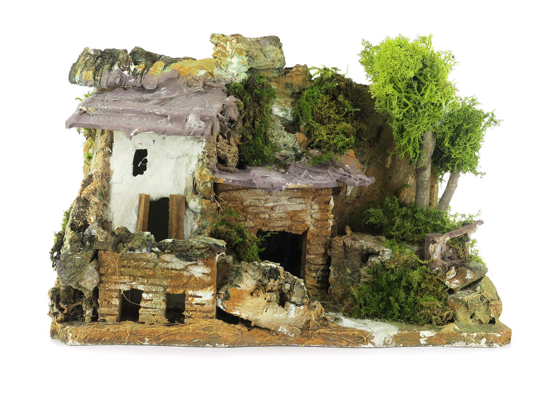 Ferrari & Arrighetti Haus mit Holzschuppen für Krippe, Bertoni Krippen, Holz/Papier/Stuck, 13x25x19