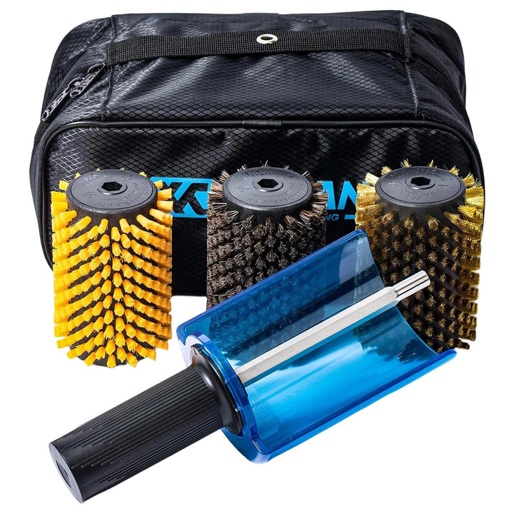 Xcman rotierendes Bürsten-Set für Ski, Bürstengriff mit Achse und 3 Bürsten: Nylon, Rosshaar, Messin