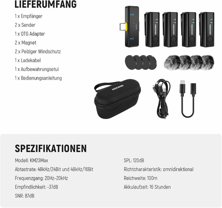 NEEWER KM23C AI Drahtloses Lavalier Mikrofon Kompatibel mit iPhone Android Tablet PC Laptop, omnidir