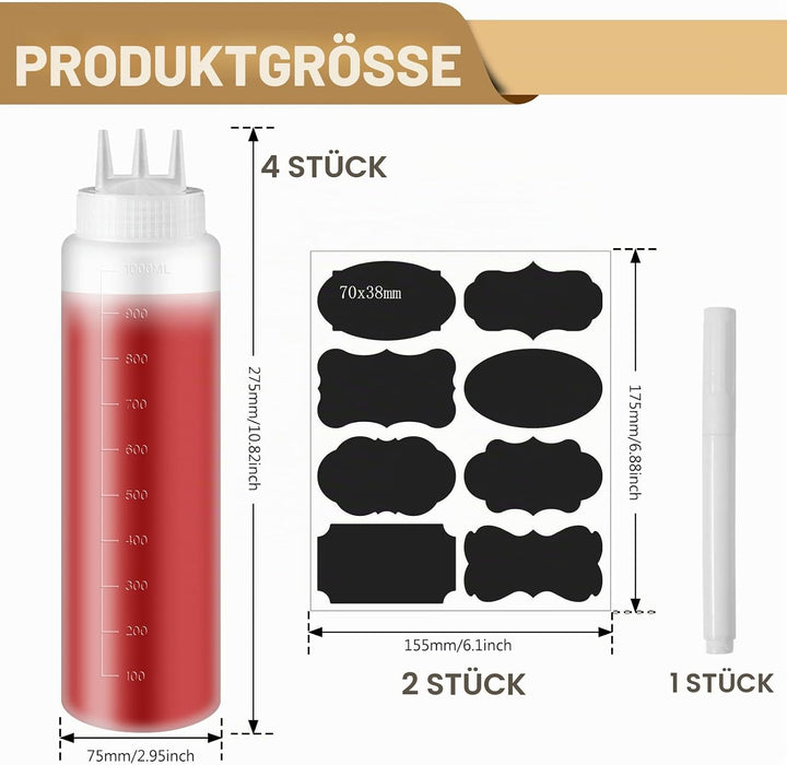 Vegena 4 Stück Quetschflasche 1000ml Squeeze Flasche, Quetschflaschen Aus Kunststoff Mit 3 Spritzdüs