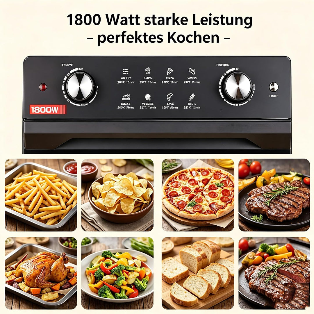 Heissluftfritteuse 30-230℃, 30L 1800W, 8-in-1 Airfryer mit Deutsche Rezepte | Abnehmbare Glastür, 18