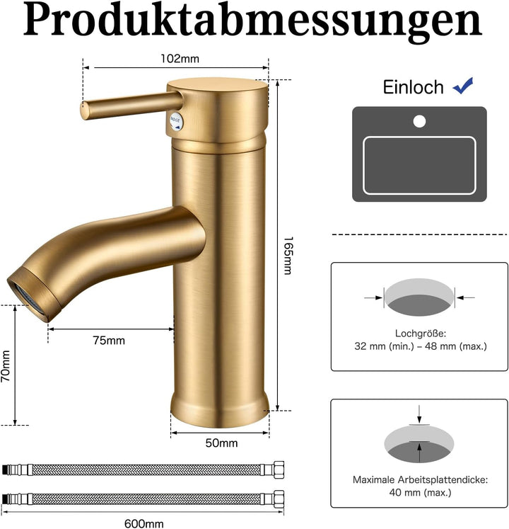 kisimixer Wasserhahn Bad Gebürstetes Gold Waschtischarmatur, Armatur Badezimmer Einhebelmischer Misc