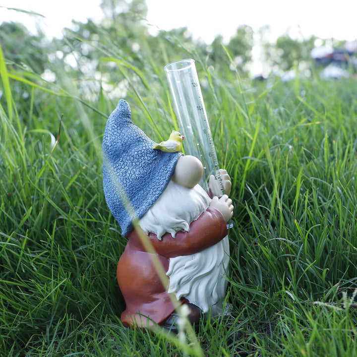 FORUP Zwerg Regenmesser aus Harz, Gartenzwerg mit einem Regenmesser aus Kunststoff, handbemalt, Wich