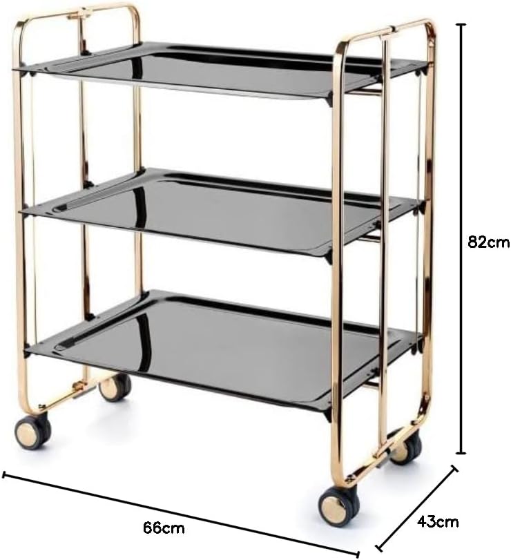 DON HIERRO - Servierwagen klappbar, Bauhaus, 3 Böden. Goldenem Rahmen-Schwarz 66 x 43 x 82 cm. Schwa