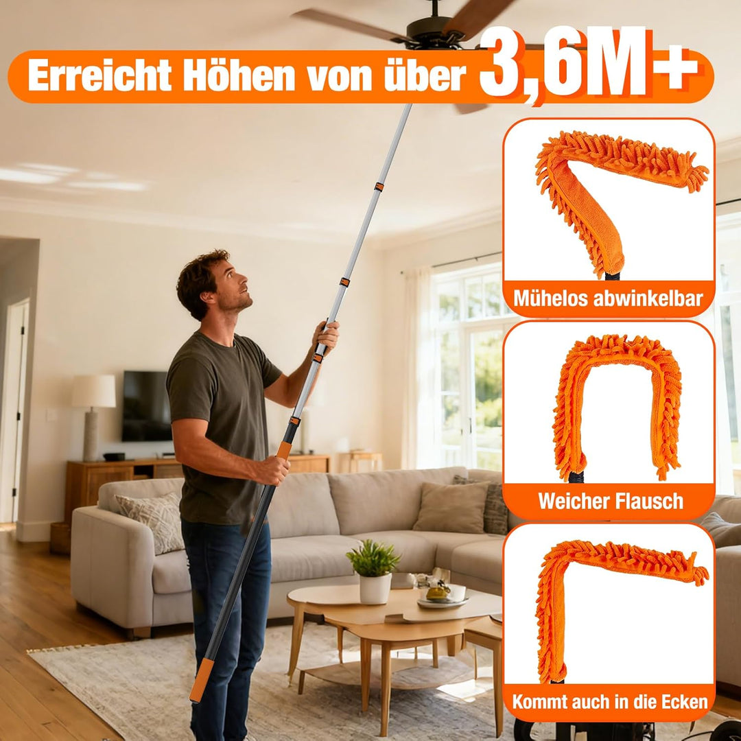 SISUPASSIE 3,6m Staubwedel Teleskop, Spinnenwebenentferner waschbar, Fensterputzer mit Teleskopstang