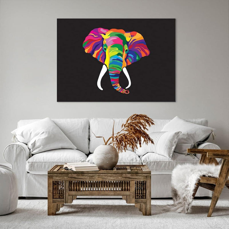 ARTTOR Bilder auf Leinwand 100x70cm Leinwandbild Elefant spass bunt tier Gross Wanddeko Bild Schlafz