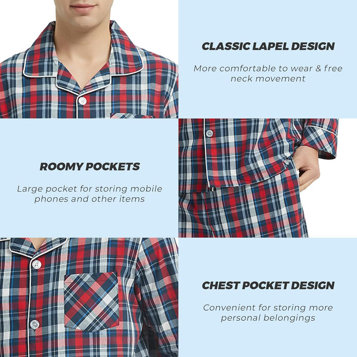 Vulcanodon Pyjama Herren 100% Baumwolle Schlafanzug lang Set kariert mit Knopfleiste weiche Nachtwäs