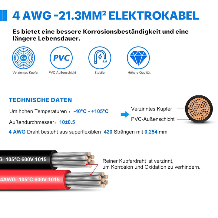 21,3mm² PVC Elektrokabel - 4 AWG Elektrischer Draht 6 Meter (3 Meter Schwarz und 3 Meter Rot) Hochte